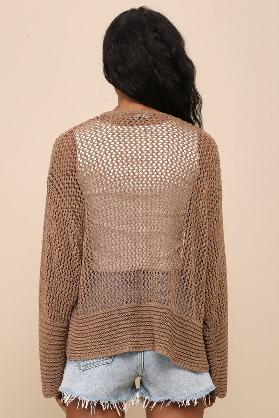 Effortless Finish Brown Sheer Loose-Knit Cardigan Sweater