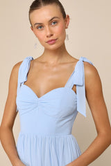 Radiant Charisma Light Blue Chiffon Ruched Tie-Strap Maxi Dress