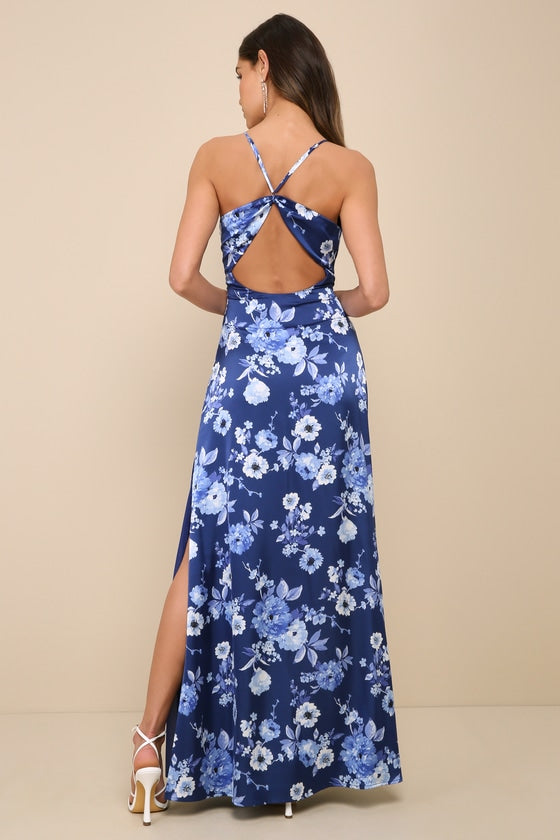 Wondrous Allure Navy Blue Floral Satin Backless Maxi Dress