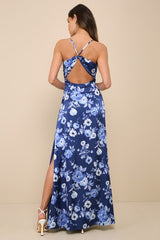 Wondrous Allure Navy Blue Floral Satin Backless Maxi Dress
