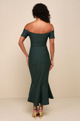 How Much I Care Dark Green Off-the-Shoulder Midi Dress