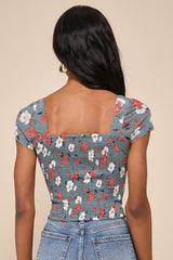 Sweeter Vibes Teal Floral Mesh Short Sleeve Bustier Crop Top