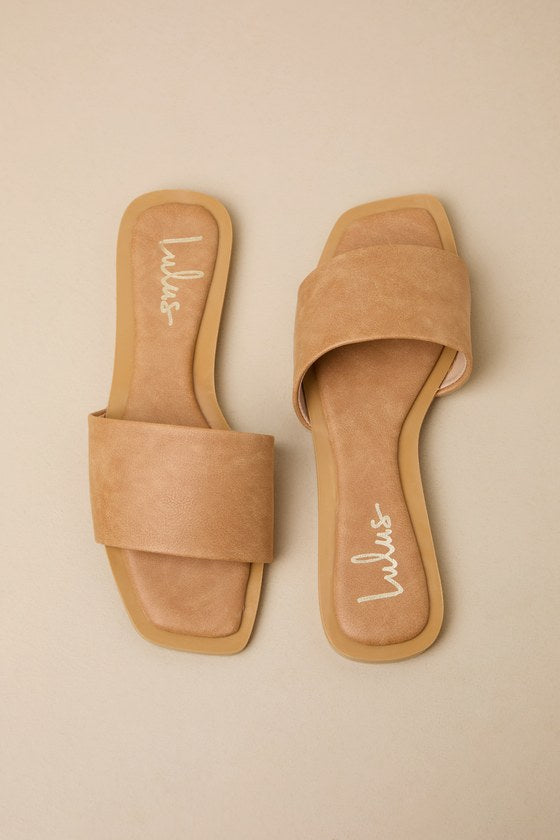 Brenner Camel Flat Square-Toe Slide Sandals