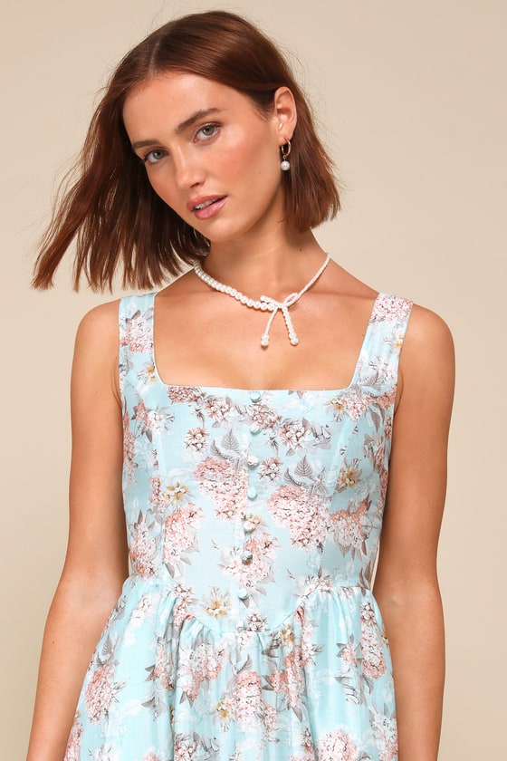 Darling Adoration Light Blue Floral Midi Dress With Pockets