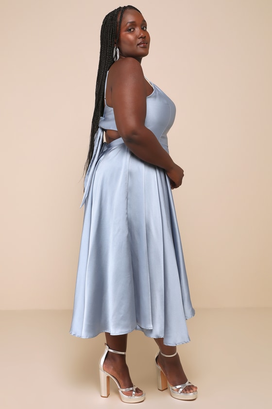 Days Like Today Blue Satin Asymmetrical Tie-Back Midi Dress