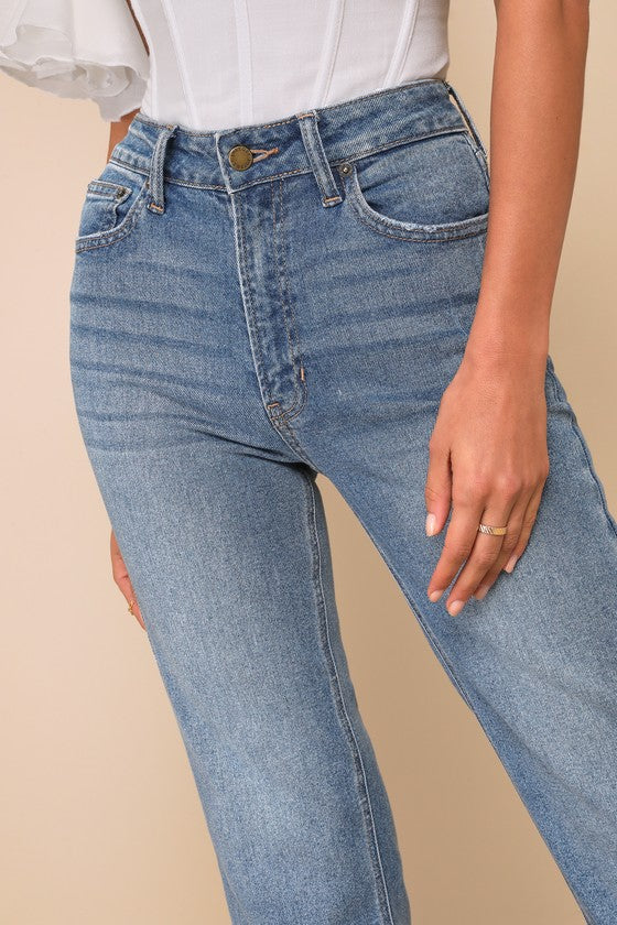 Enviable Aura Medium Wash High-Rise Raw Hem Straight Leg Jeans
