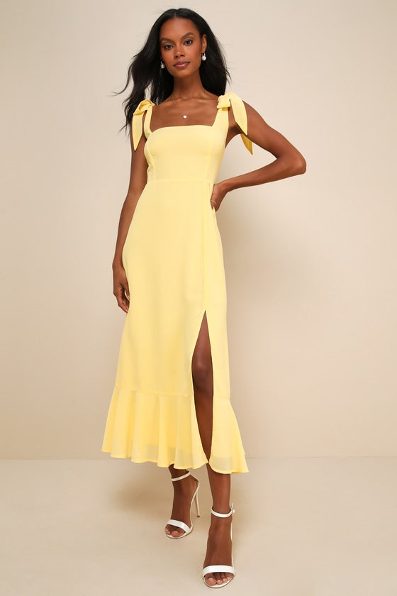 Summer Invite Yellow Tie-Strap Tiered Midi Dress