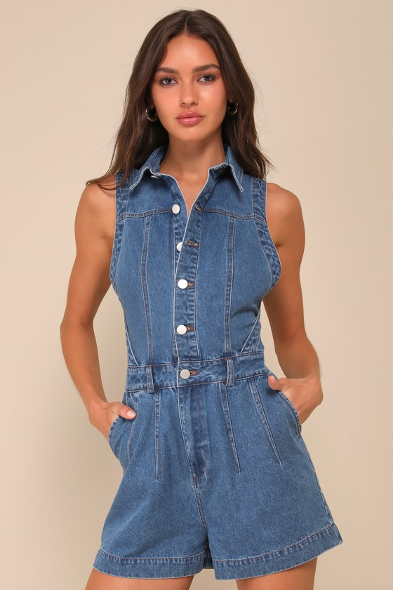 Irresistible Days Medium Wash Denim Collared Sleeveless Romper
