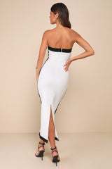 Impressive Edge White Color Block Strapless Midi Dress