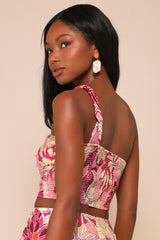 Something Wild Pink Floral Print Pleated One-Shoulder Crop Top
