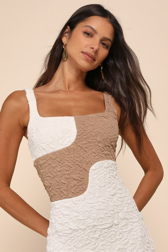 Instantly Adored Taupe and Cream Color Block Textured Midi Dress