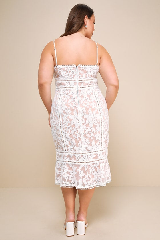 Alluring Love White and Beige Lace Trumpet Hem Midi Dress