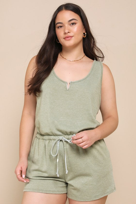 Perfect Lazy Day Sage Green Sleeveless Drawstring Lounge Romper