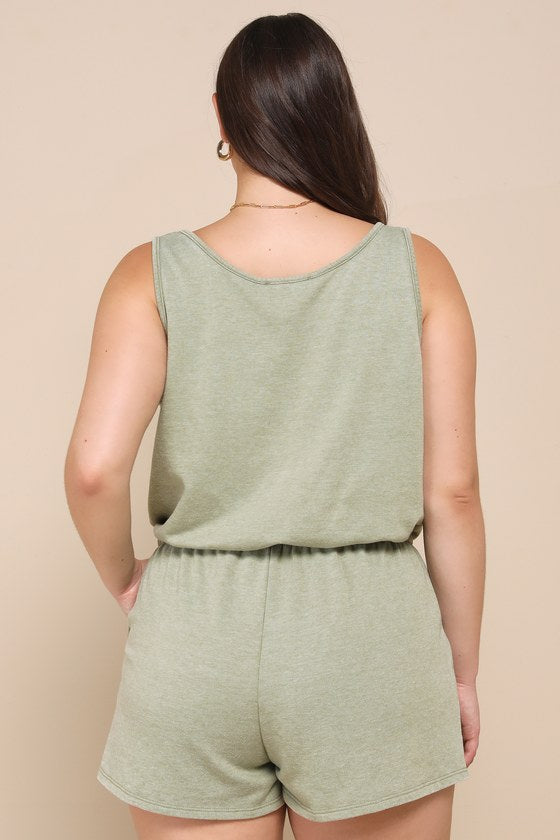 Perfect Lazy Day Sage Green Sleeveless Drawstring Lounge Romper
