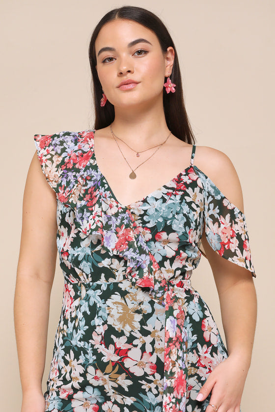 Radiant Hunter Green Floral Print Chiffon Maxi Dress