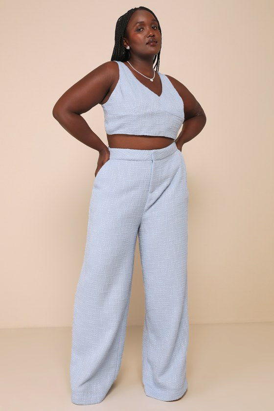 Chic and Sophisticated Light Blue Tweed Cropped Tank Top