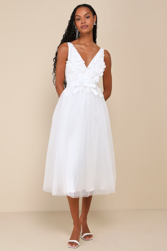 Dreamy Presence White Tulle Floral Applique Bow Midi Dress