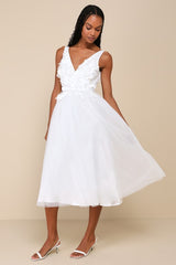 Dreamy Presence White Tulle Floral Applique Bow Midi Dress