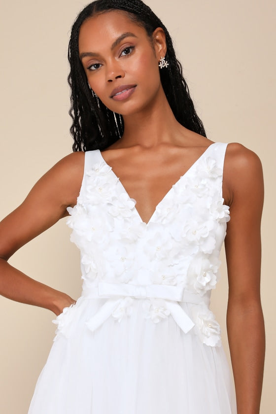 Dreamy Presence White Tulle Floral Applique Bow Midi Dress