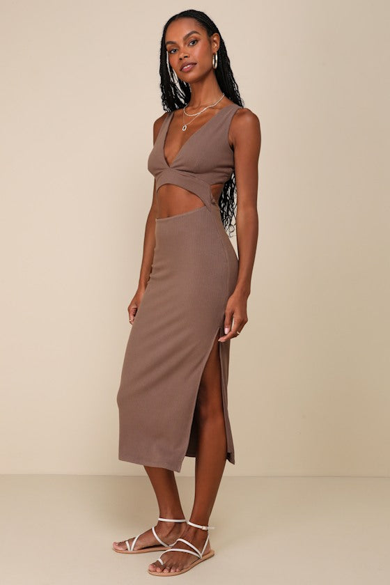 Divide and Contour Brown Ribbed Cutout Bodycon Midi Dress