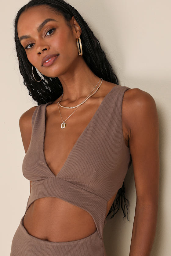 Divide and Contour Brown Ribbed Cutout Bodycon Midi Dress