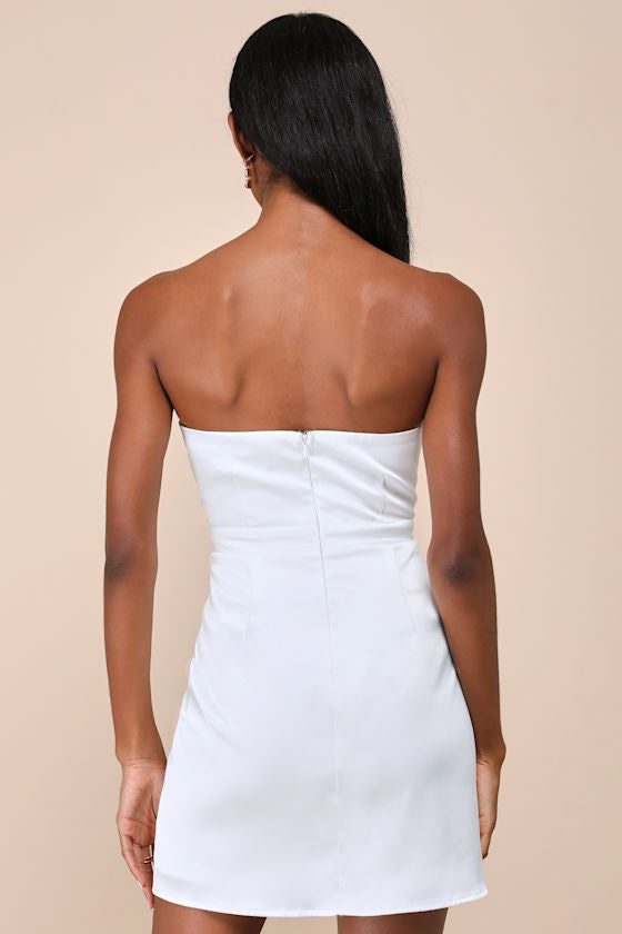 Adorable Chicness White Satin Strapless Bow Mini Dress