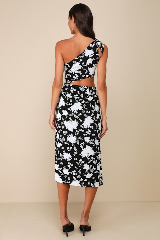Vacay Beauty Black and White Scarf Print One-Shoulder Midi Dress