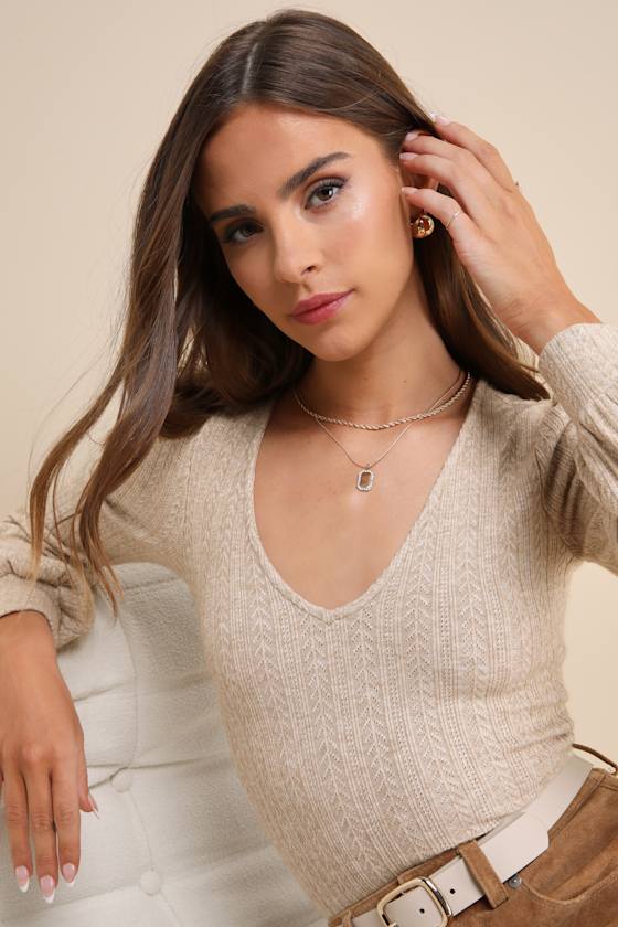 Cozy Affection Beige Pointelle Knit Balloon Sleeve Top