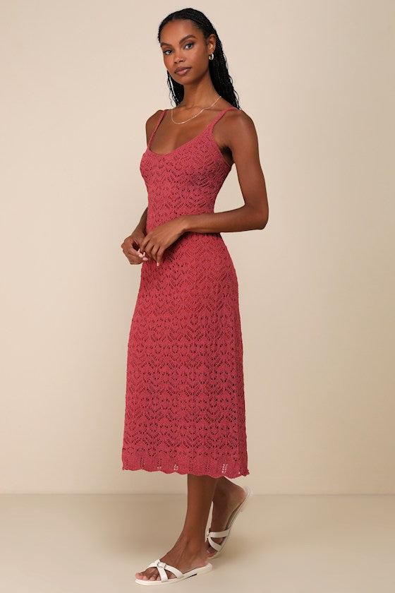 Sunset Vibes Rust Red Crochet Sleeveless Midi Dress