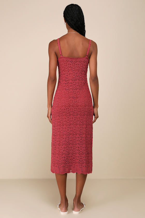 Sunset Vibes Rust Red Crochet Sleeveless Midi Dress