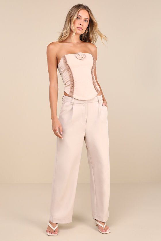 Frap Beige Rosette Ruffled Chiffon Strapless Top