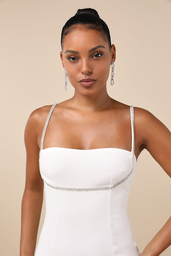 Upscale Flirt Ivory Rhinestone Sleeveless Bodycon Midi Dress
