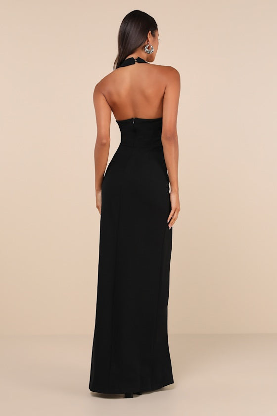Unforgettable Composure Black Asymmetrical Halter Maxi Dress