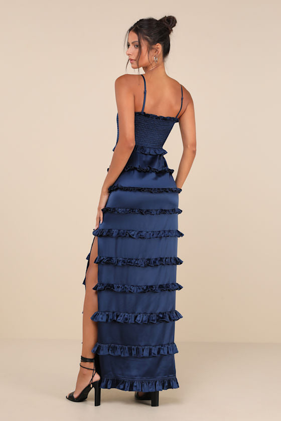 Sincerely Fabulous Navy Blue Satin Smocked Ruffled Maxi Dress