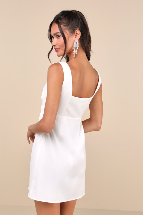 Truly the Cutest White Satin Square Neck Mini Dress