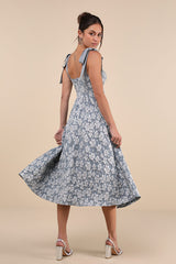 Bubbly Bliss Slate Blue Jacquard Bustier Tie-Strap Midi Dress