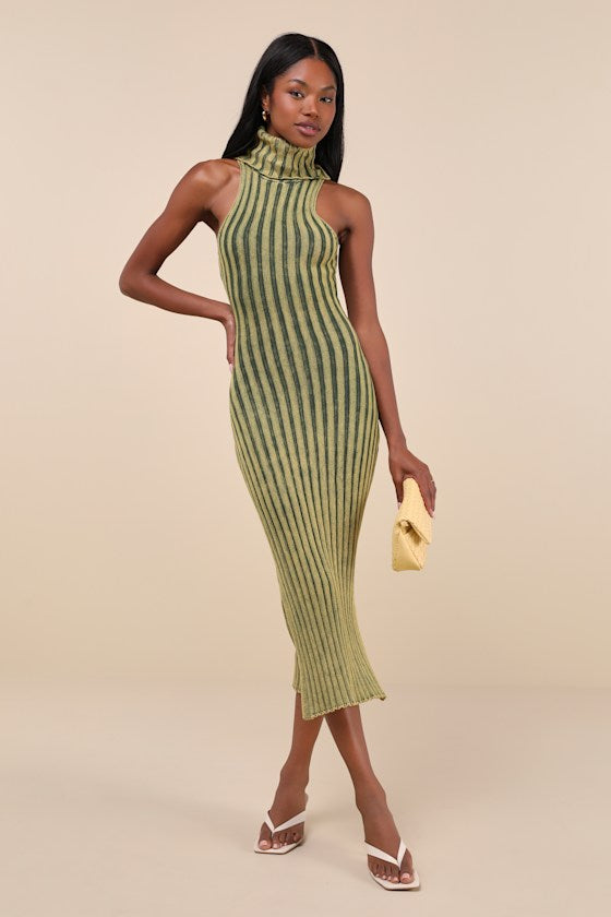 Truly Magnetic Washed Green Ribbed Turtleneck Midi Sweater Dress