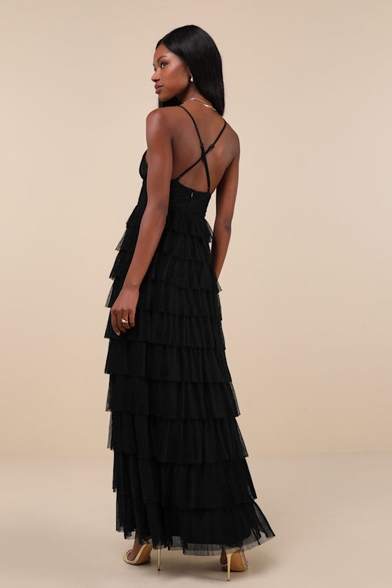 Radiant Event Black Mesh Tiered Pleated Backless Maxi Dress