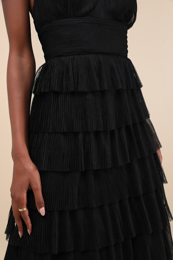 Radiant Event Black Mesh Tiered Pleated Backless Maxi Dress