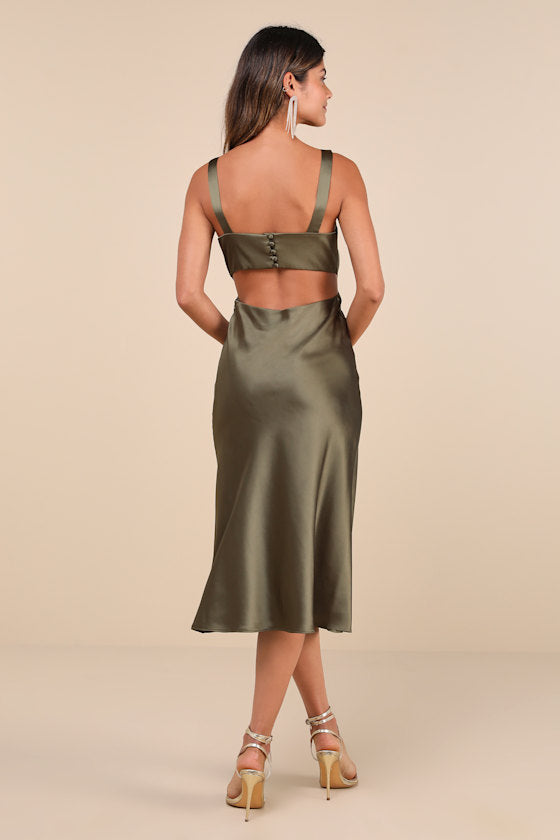 Unmatched Elegance Olive Satin Sleeveless Midi Dress