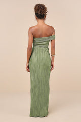 Poised Performance Olive Green Plisse One-Shoulder Maxi Dress