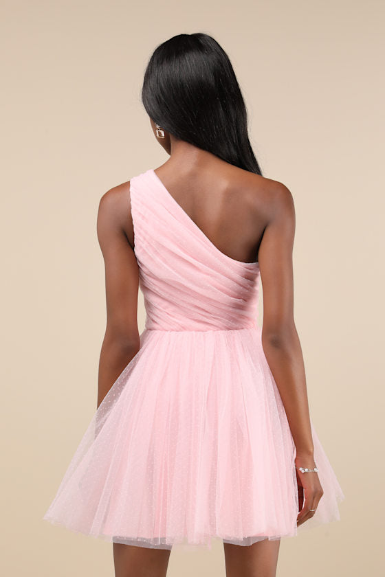 Exceptional Moments Light Pink Swiss Dot One-Shoulder Mini Dress