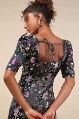 Decidedly Glam Black Floral Brocade Puff Sleeve Mini Dress