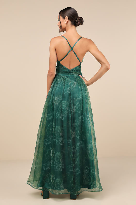 Romance That Wows Green Floral Print Organza Maxi Dress
