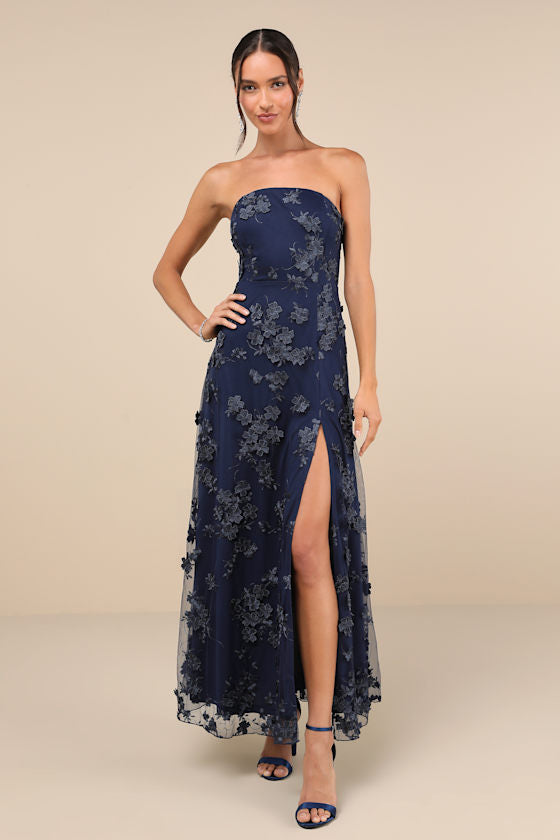 Rare Presence Navy Blue 3D Floral Embroidered Maxi Dress