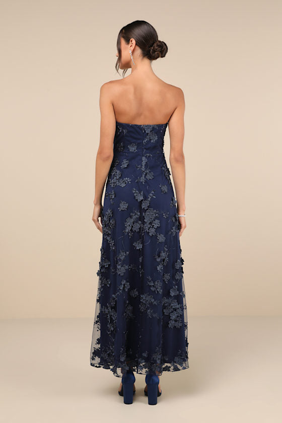 Rare Presence Navy Blue 3D Floral Embroidered Maxi Dress