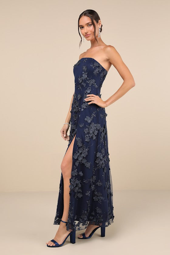 Rare Presence Navy Blue 3D Floral Embroidered Maxi Dress