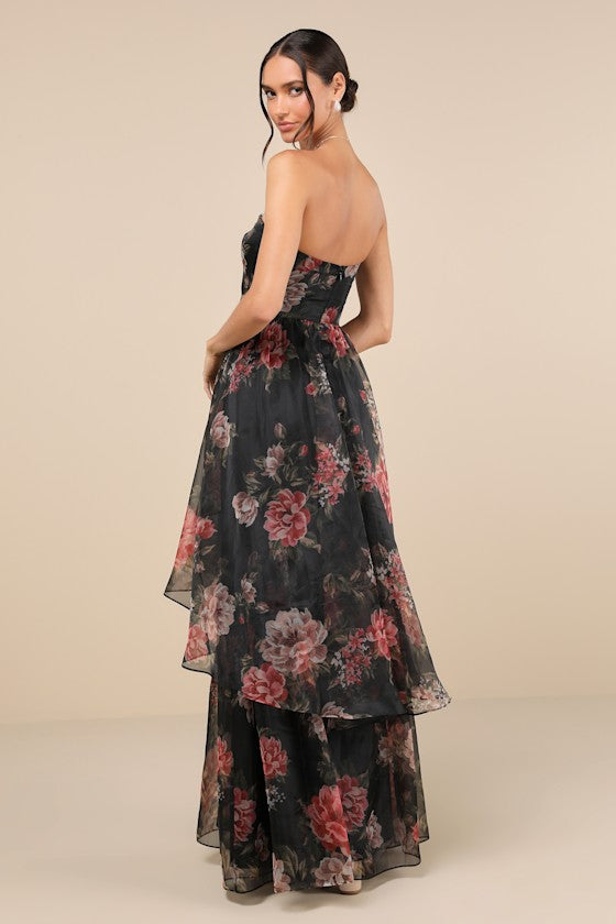 Truly Extraordinary Black Floral Organza Strapless Maxi Dress