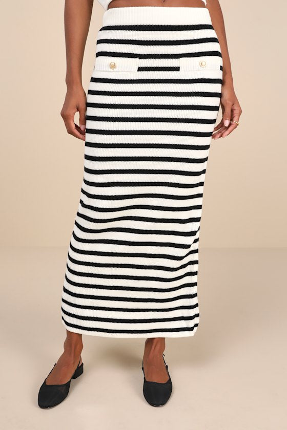 Exemplary Chicness Ivory Striped Sweater Knit Midi Skirt