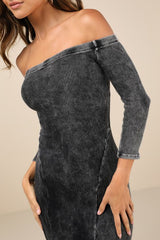 Remarkably Cool Washed Black Ribbed Off-the-Shoulder Midi Dress